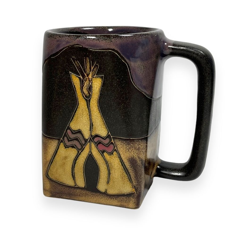 Mara Stoneware Teepee Native American Campfire Design Handcrafted Coffee Tea Mug